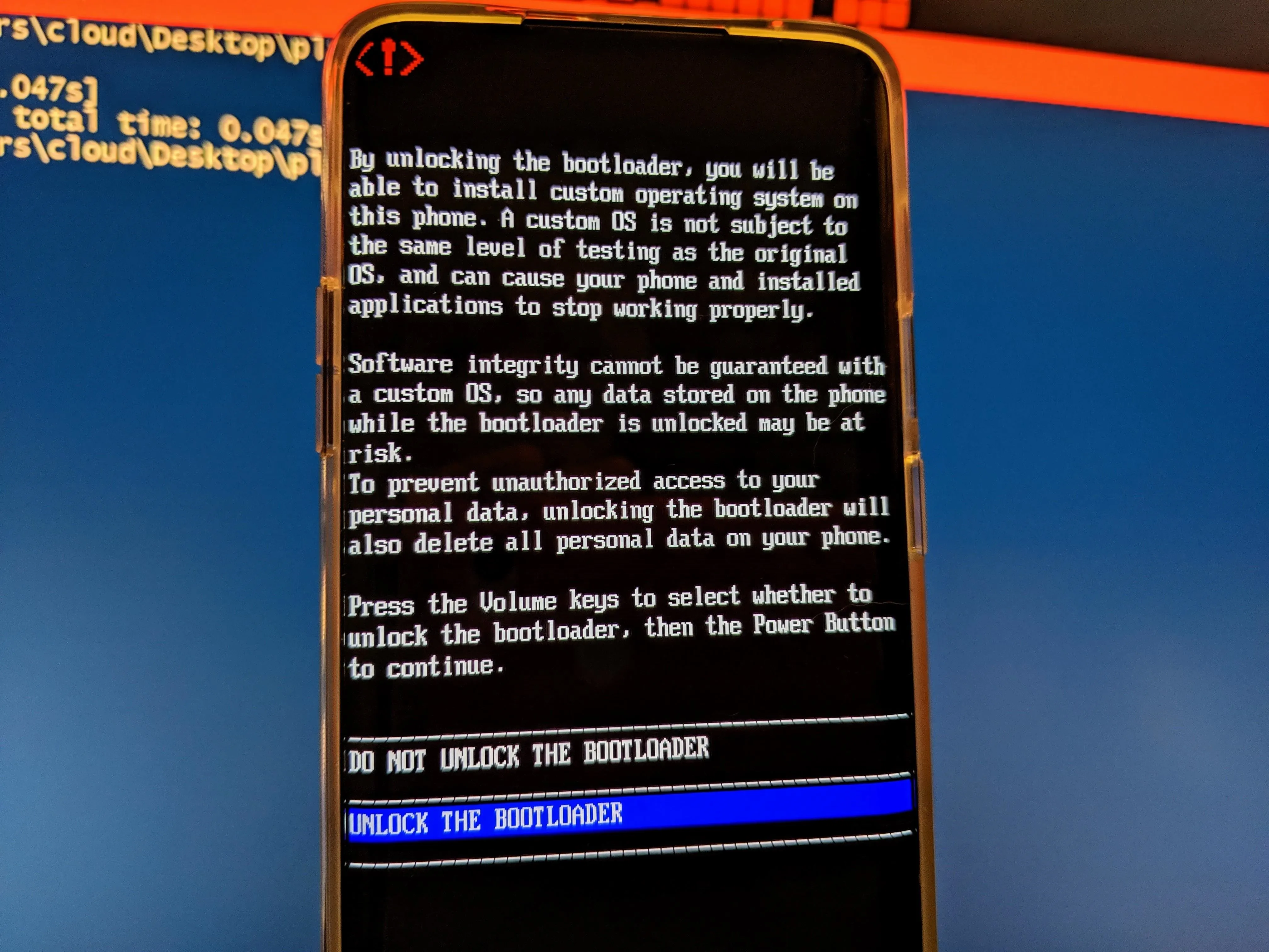 Bootloader unlocking screen